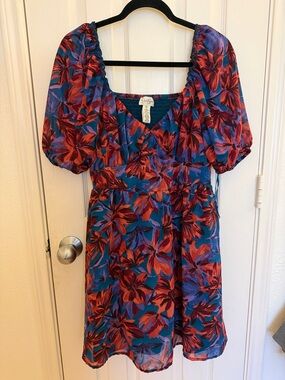 Jessica Simpson Blue and Red Floral Puff-Sleeve Mini Dress